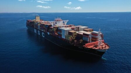 Aerial drone photo of MSC truck size container cargo vessel crui