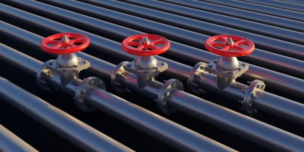 Pipeline faucet, pipe and valve for natural gas, close up, Industrial steel piping system. 3d