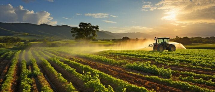 In the backdrop of a stunning sky, a tractor is seen spraying wa